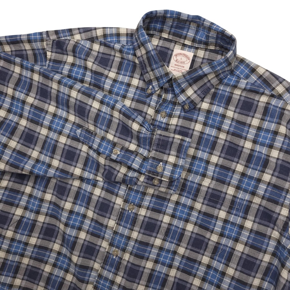Brooks Brothers Shirt Mens Large Blue Plaid Long Sleeve Button Down Madison